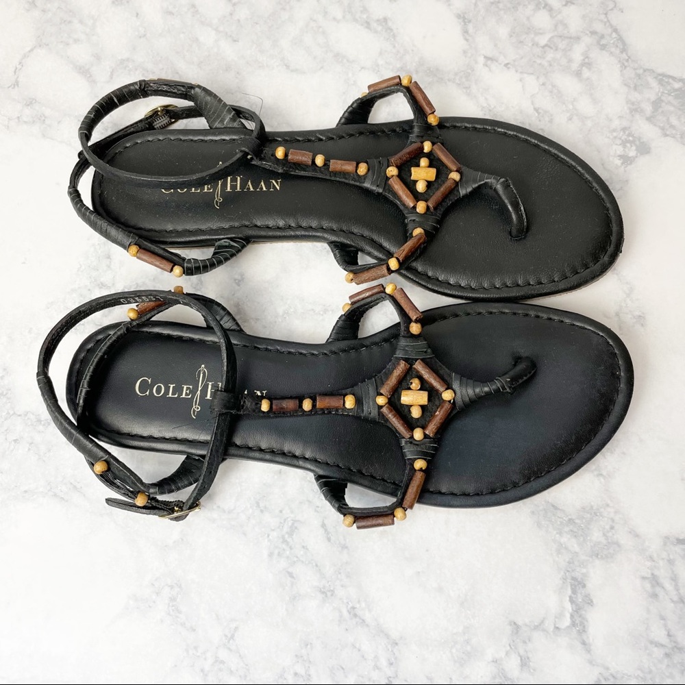 Cole Haan Black Leather Beaded T-Strap Sandals